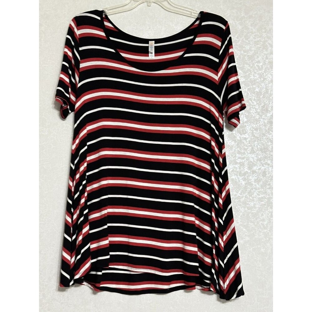 LulaRoe Red White & Black Striped Tunic Top Short Sleeve Shirt Stretch L‎